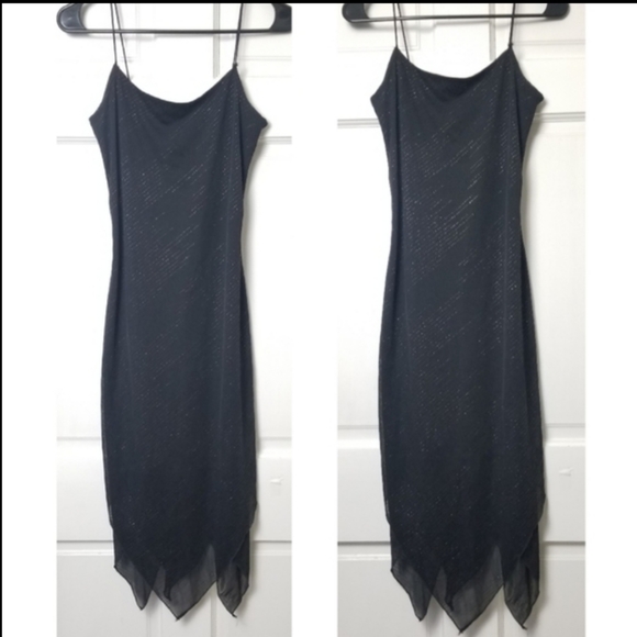 VINTAGE 90s Handkerchief Hem Slinky Black Dress - Picture 13 of 13